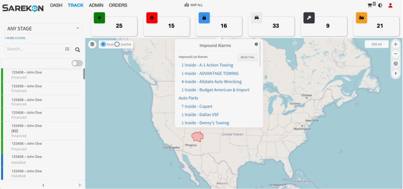 Sarekon tracking map showing impound lot alarms across the United States