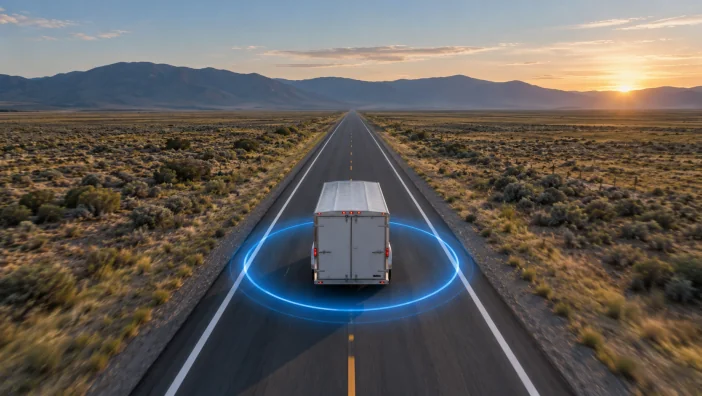 Trailer on an open road with a blue GPS tracking ring around it at sunset